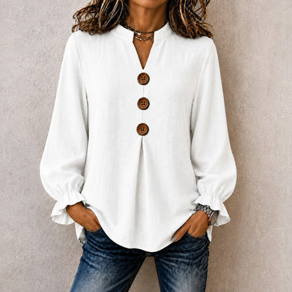 Blusa Dulce™ con Gola Mandarín, Puños con Volantes y Botones Frontales