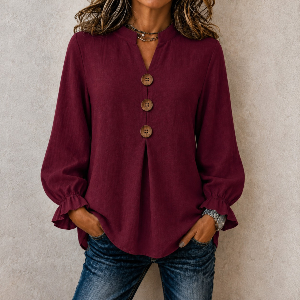 Blusa Dulce™ con Gola Mandarín, Puños con Volantes y Botones Frontales