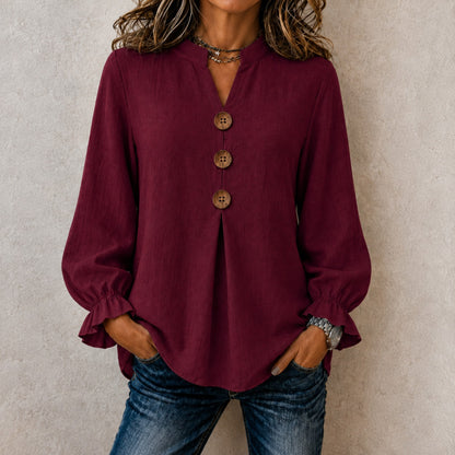 Blusa Dulce™ con Gola Mandarín, Puños con Volantes y Botones Frontales