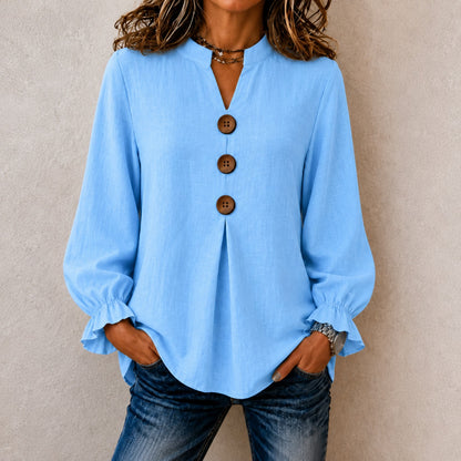 Blusa Dulce™ con Gola Mandarín, Puños con Volantes y Botones Frontales