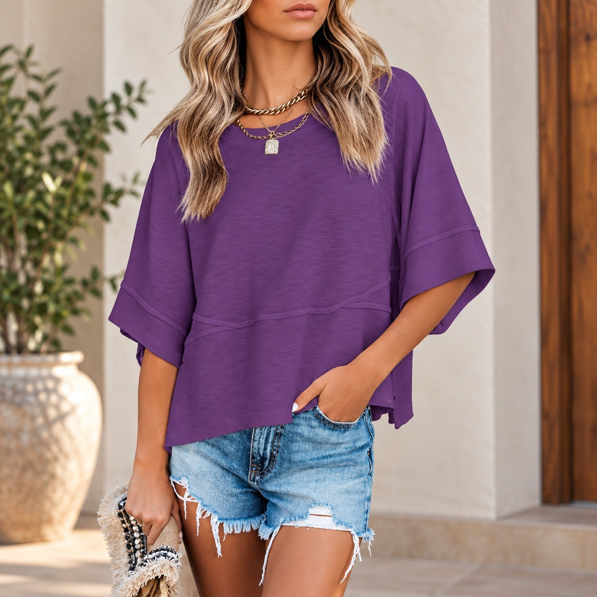 Blusa Marlie™ con Caída Ligera, Mangas Amplias y Detalle de Costura Frontal