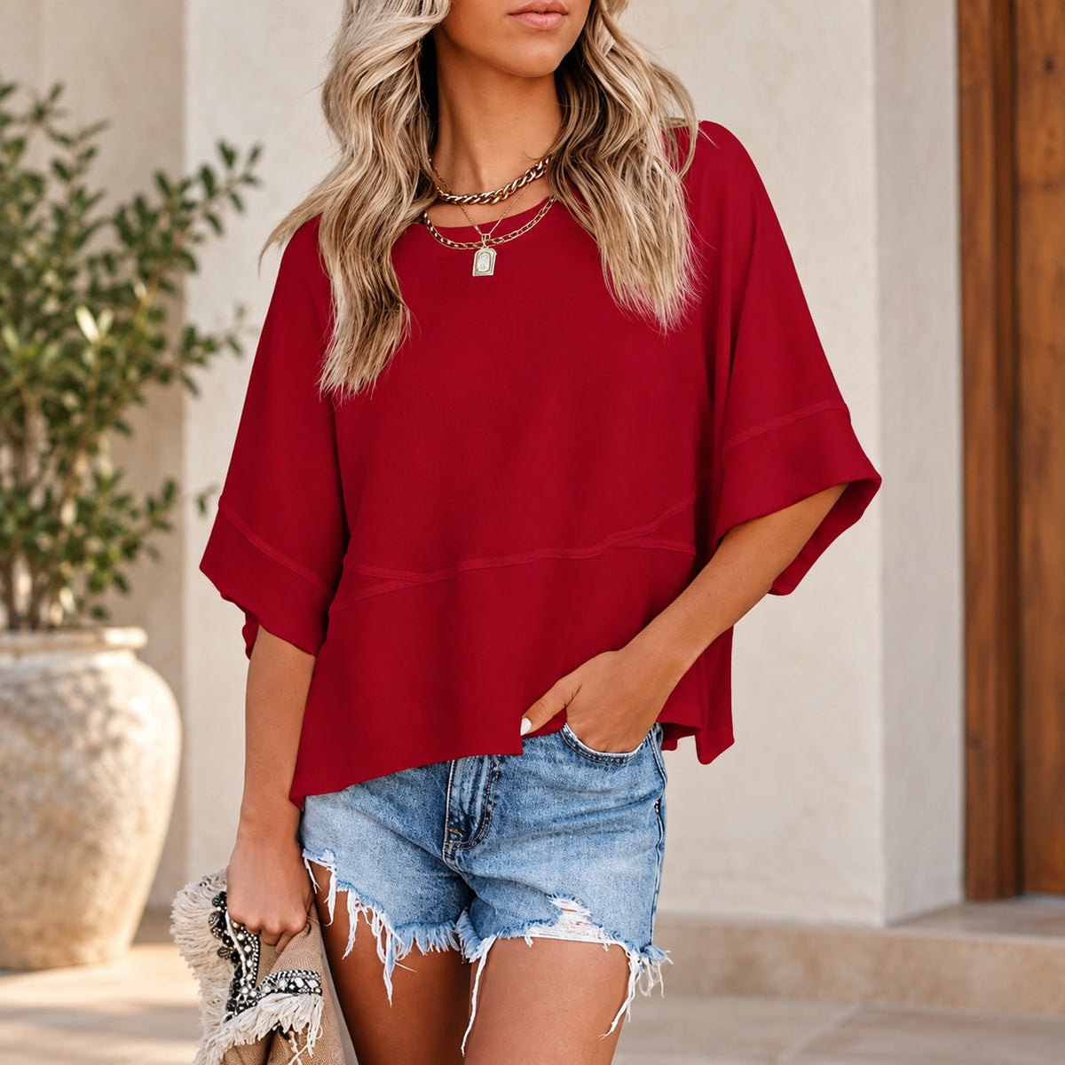 Blusa Marlie™ con Caída Ligera, Mangas Amplias y Detalle de Costura Frontal