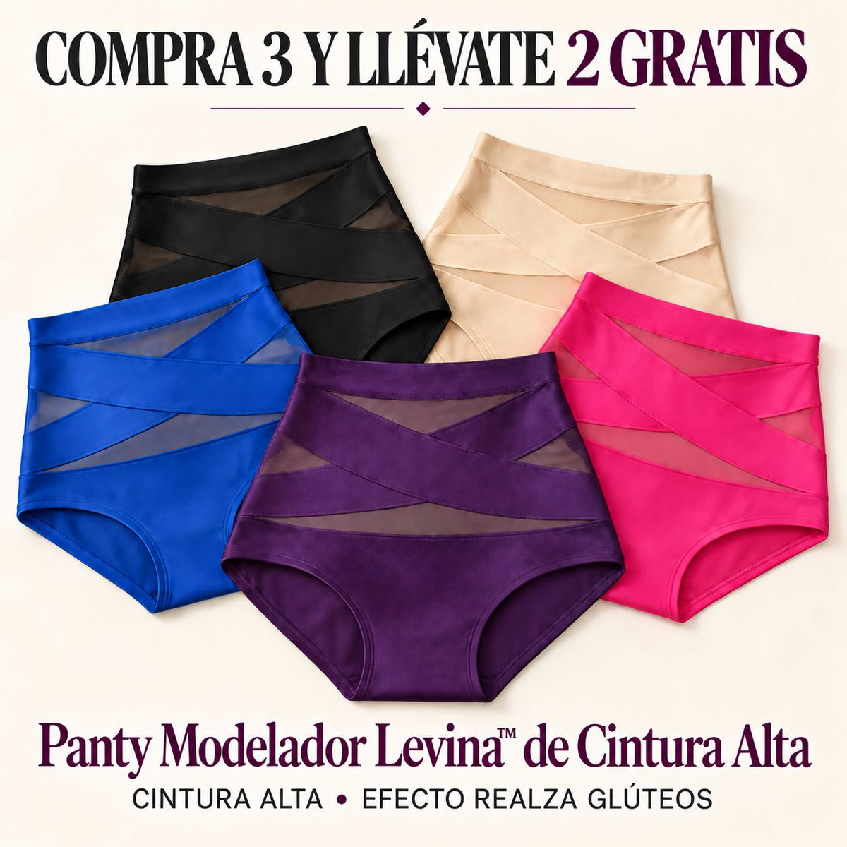 COMPRA 3 Y LLÉVATE 2 GRATIS - Braguita Moldeadora Levina™ de Cintura Alta con Efecto Realce y Diseño Anatómico