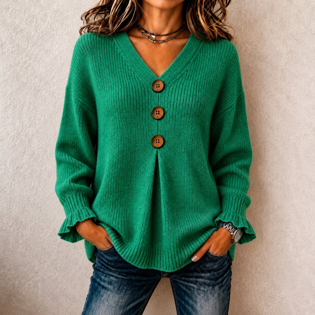 Blusa Ines™ Botones Frontales, Escote V y Puños Acanalados