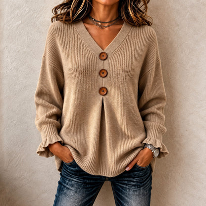 Blusa Ines™ Botones Frontales, Escote V y Puños Acanalados