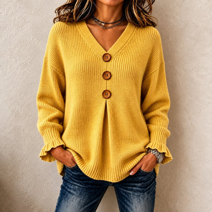 Blusa Ines™ Botones Frontales, Escote V y Puños Acanalados