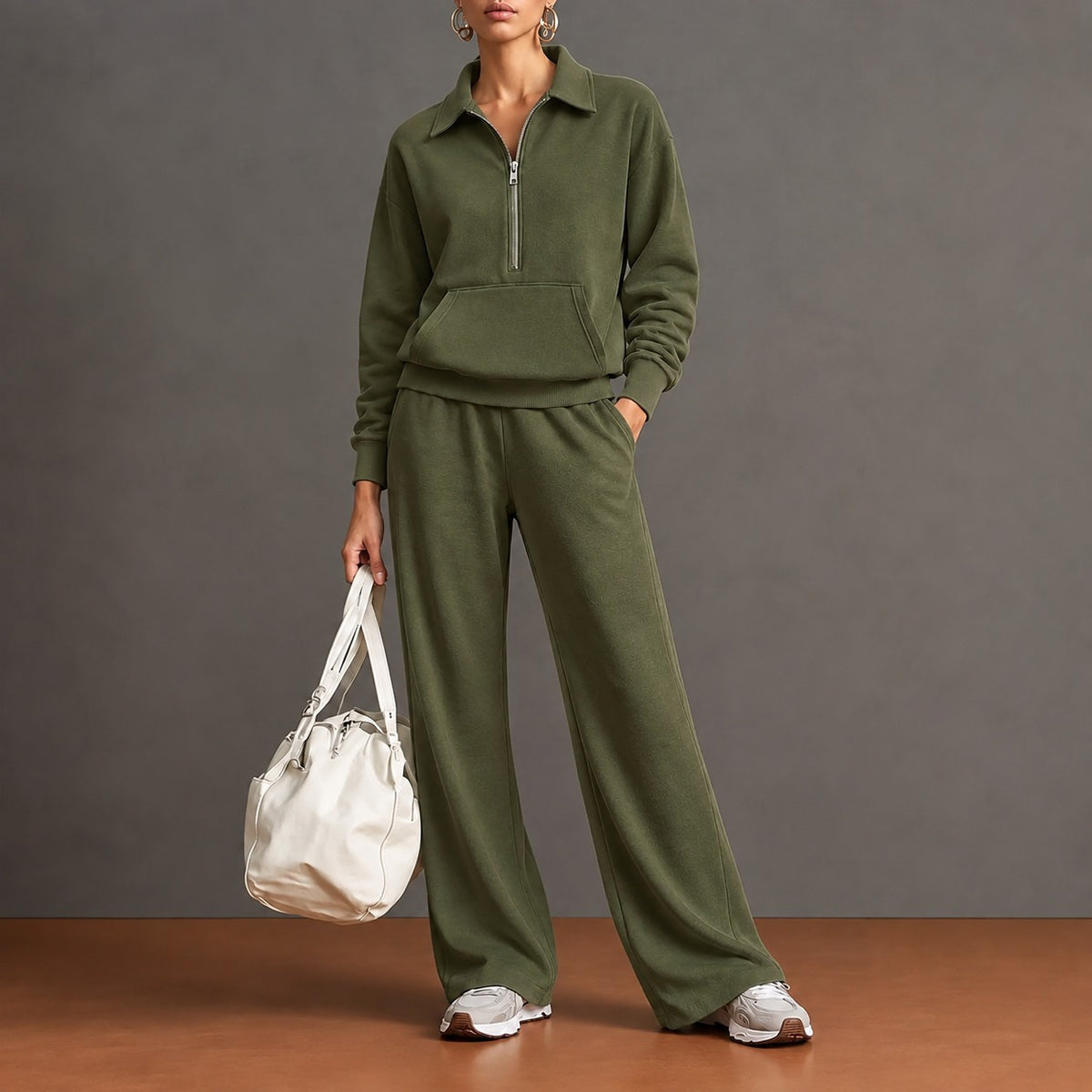 Conjunto Norelle™ con Blusa de Medio Cierre, Bolsillo Canguro y Pantalón de Corte Amplio