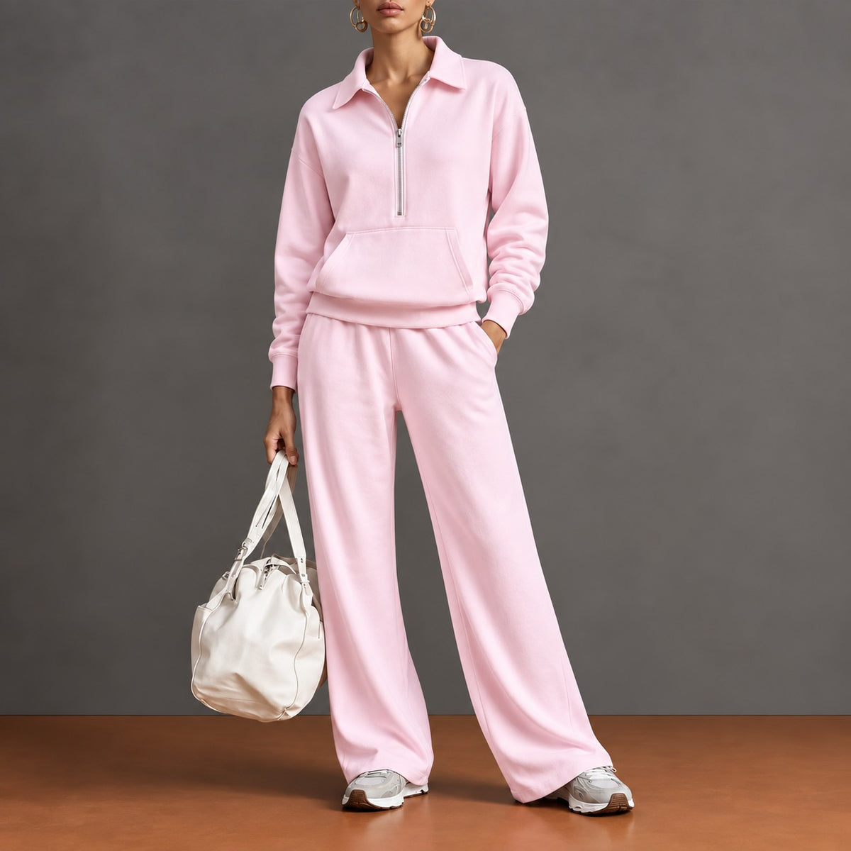 Conjunto Norelle™ con Blusa de Medio Cierre, Bolsillo Canguro y Pantalón de Corte Amplio