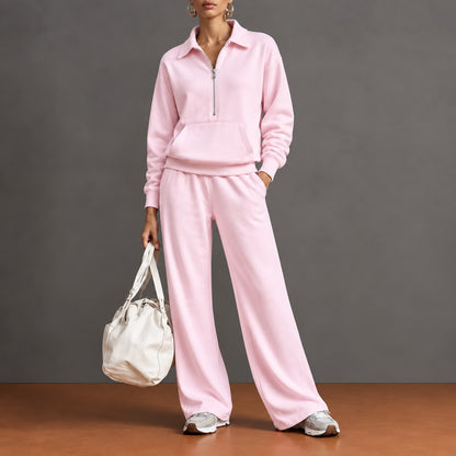 Conjunto Norelle™ con Blusa de Medio Cierre, Bolsillo Canguro y Pantalón de Corte Amplio