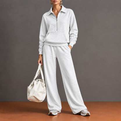 Conjunto Norelle™ con Blusa de Medio Cierre, Bolsillo Canguro y Pantalón de Corte Amplio