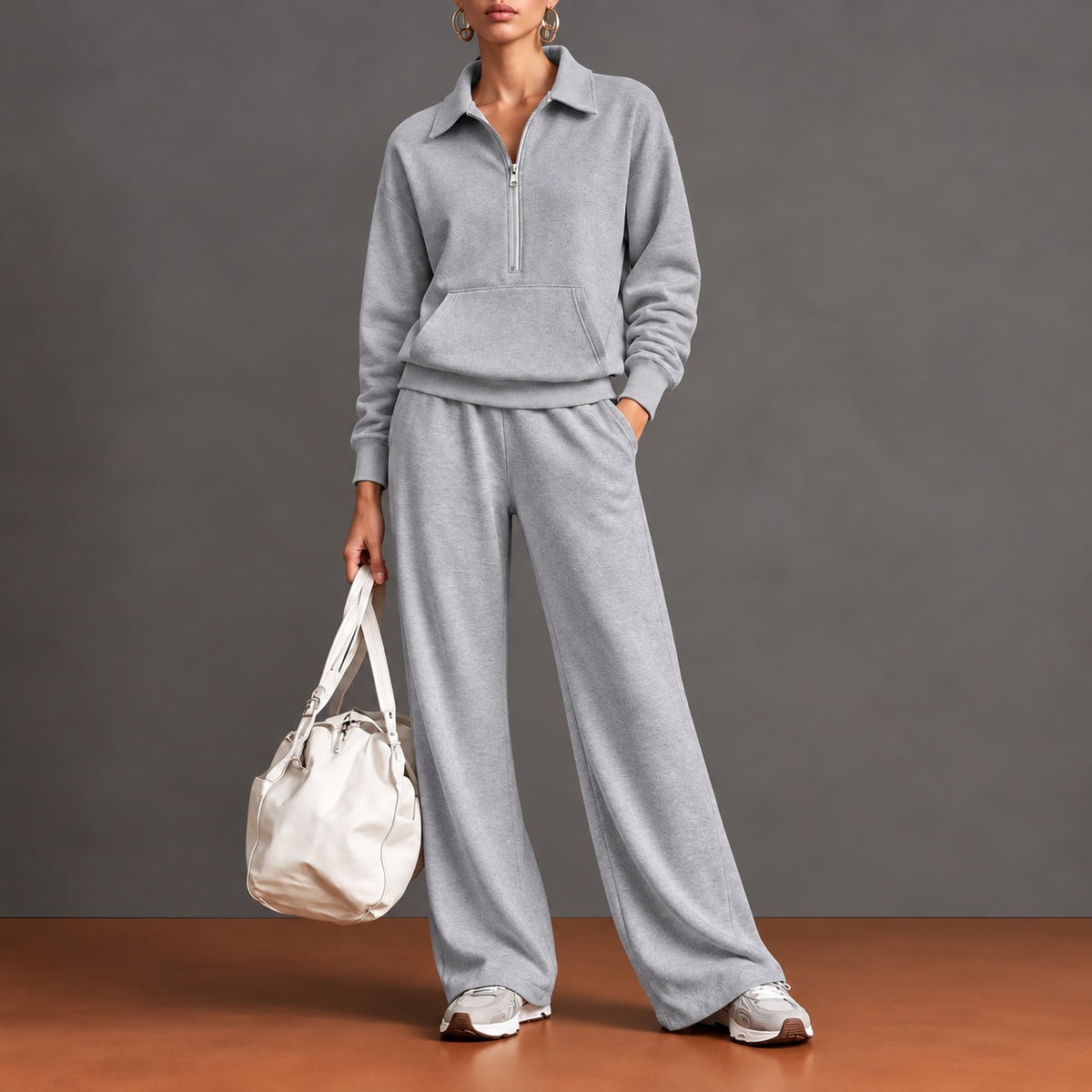 Conjunto Norelle™ con Blusa de Medio Cierre, Bolsillo Canguro y Pantalón de Corte Amplio