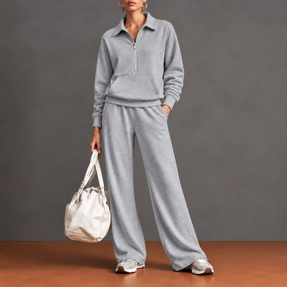 Conjunto Norelle™ con Blusa de Medio Cierre, Bolsillo Canguro y Pantalón de Corte Amplio