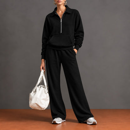 Conjunto Norelle™ con Blusa de Medio Cierre, Bolsillo Canguro y Pantalón de Corte Amplio