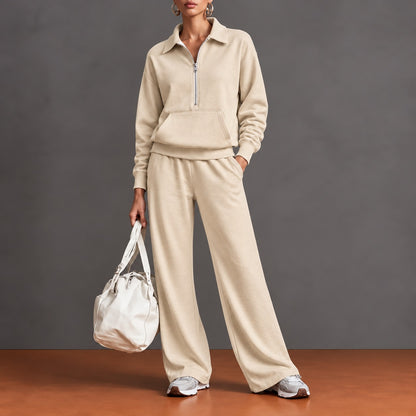 Conjunto Norelle™ con Blusa de Medio Cierre, Bolsillo Canguro y Pantalón de Corte Amplio