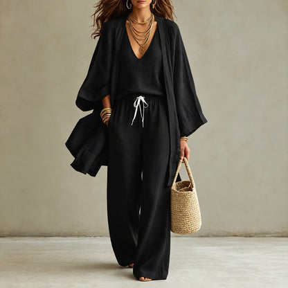 Conjunto Mirelia™ con Top de Escote en V, Pantalón Amplio y Kimono Largo