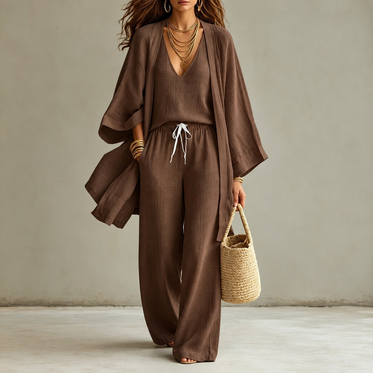 Conjunto Mirelia™ con Top de Escote en V, Pantalón Amplio y Kimono Largo