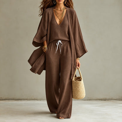 Conjunto Mirelia™ con Top de Escote en V, Pantalón Amplio y Kimono Largo