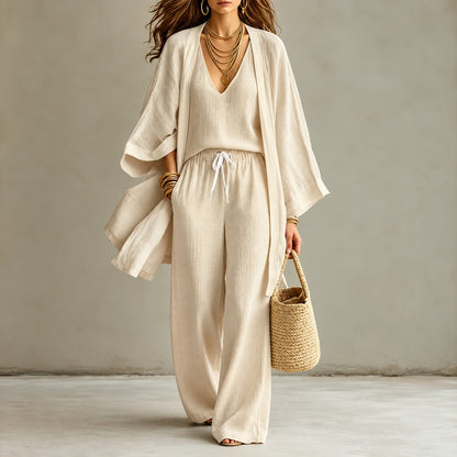 Conjunto Mirelia™ con Top de Escote en V, Pantalón Amplio y Kimono Largo