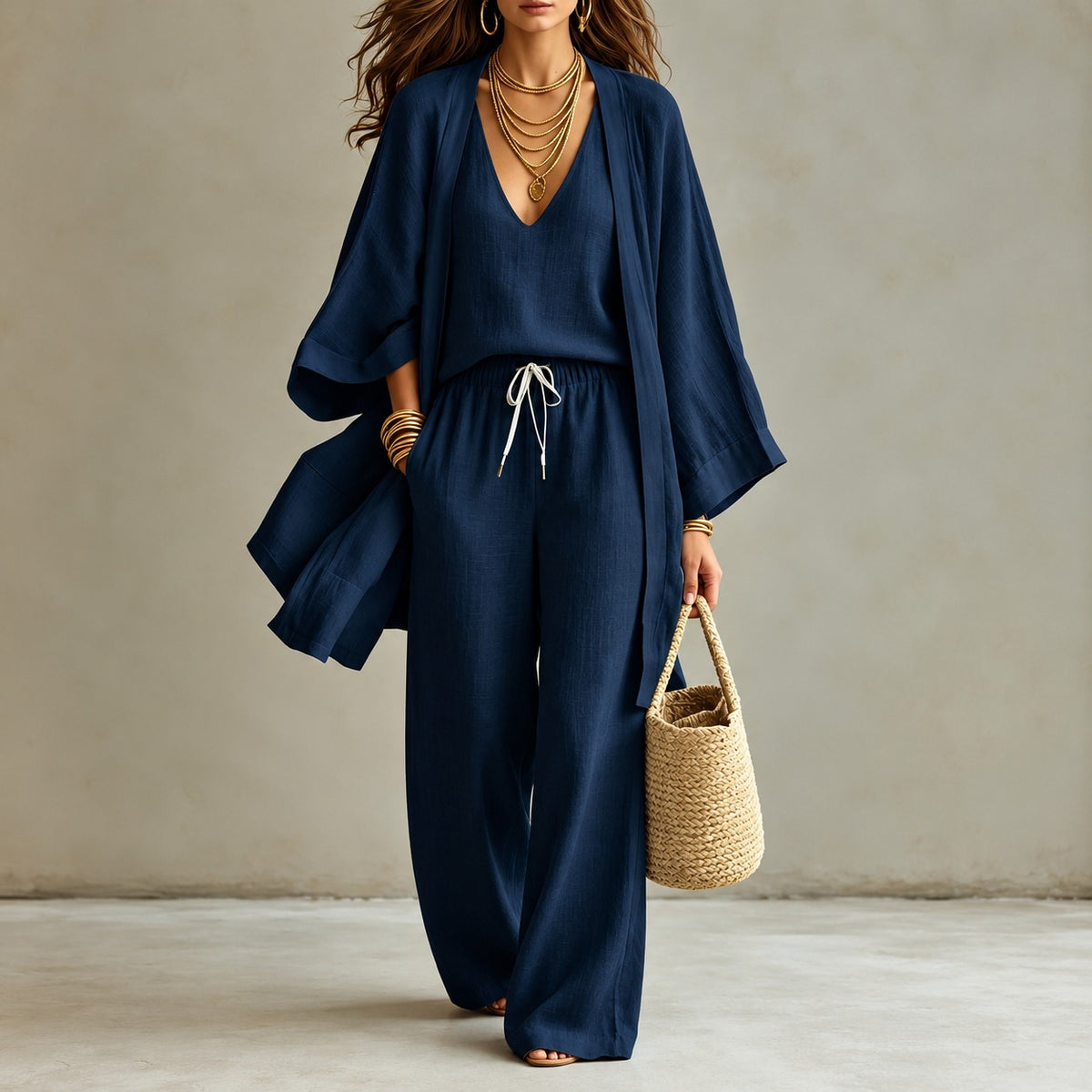 Conjunto Mirelia™ con Top de Escote en V, Pantalón Amplio y Kimono Largo