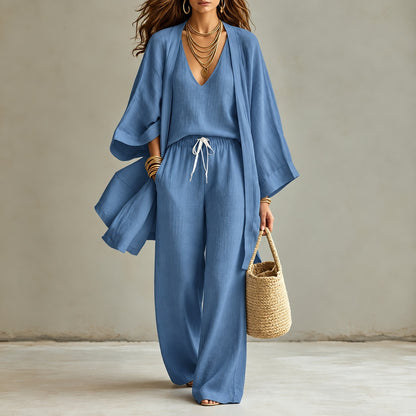 Conjunto Mirelia™ con Top de Escote en V, Pantalón Amplio y Kimono Largo