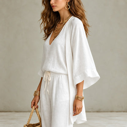 Conjunto Mirelia™ con Top de Escote en V, Pantalón Amplio y Kimono Largo