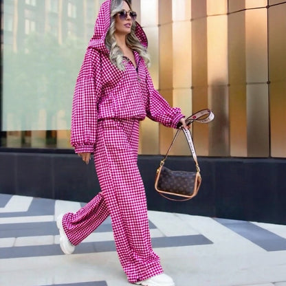 Conjunto Maddalena™ con Sudadera de Capucha Amplia, Pantalón de Pierna Ancha y Estampado a Cuadros Minimalista