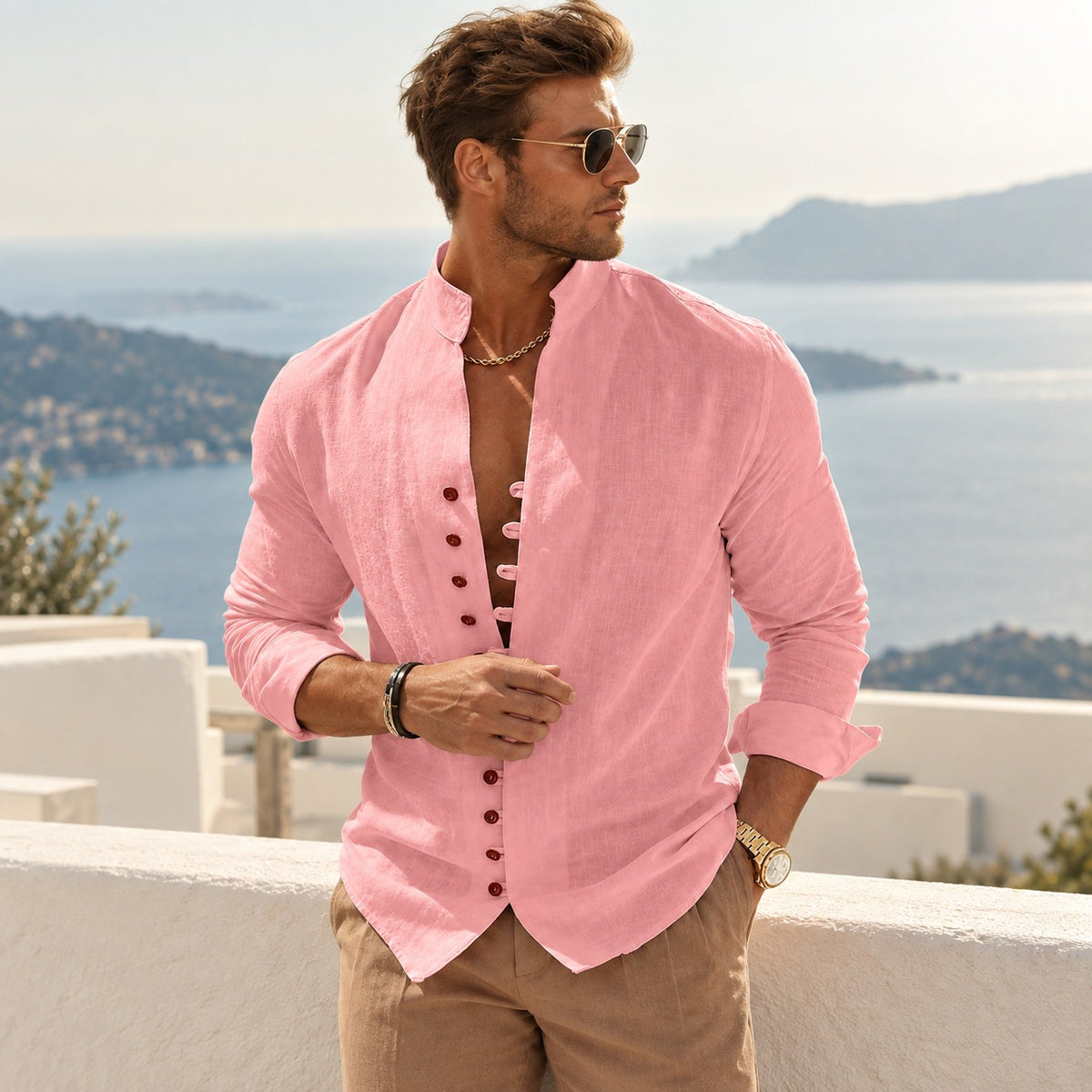 Camisa Farel™ con Cuello Mandarín, Mangas Largas y Estilo Old Money