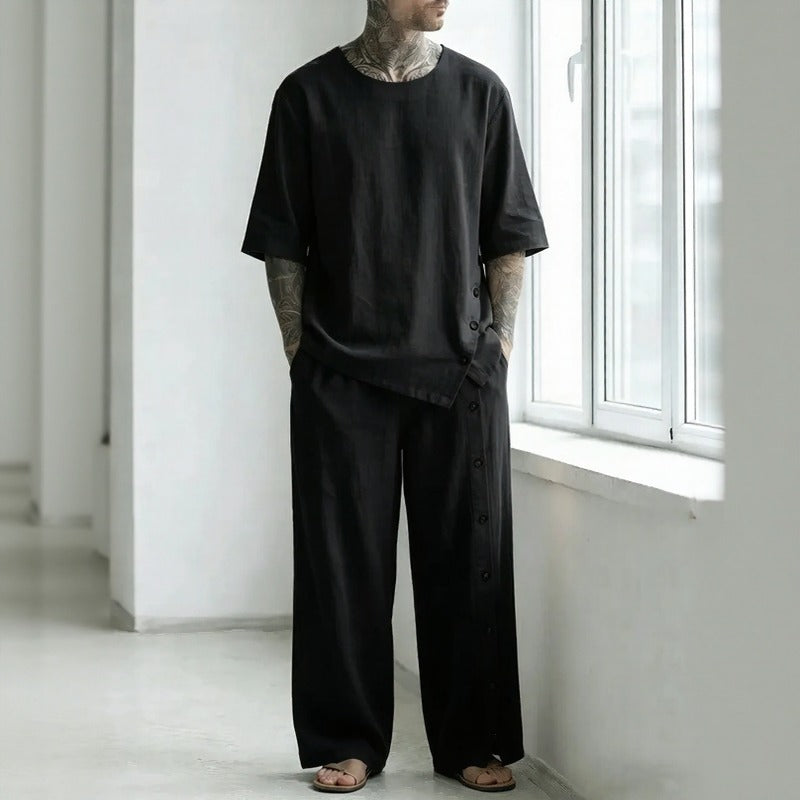 Conjunto Alessio™ con Camiseta Oversized, Pantalón de Corte Amplio y Detalle de Botones Laterales
