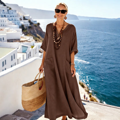Vestido Largo Marisela™ con Escote en V, Bolsillos Frontales y Corte Holgado